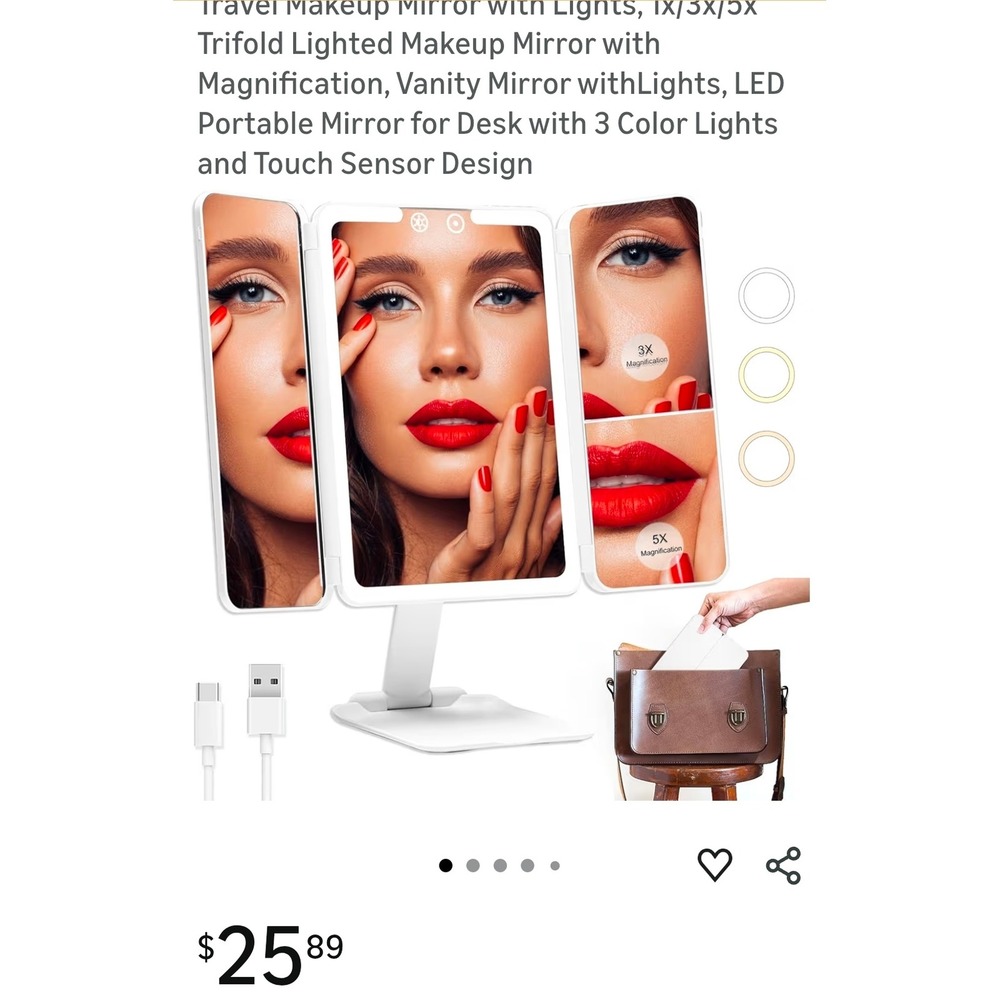 Beautifive Trifold Lighted Makeup Mirror LED 1X 3X 5X Magnification White